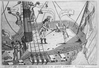 De Grass gróf átadja kardját Rodney vitéz admirálisnak, Thomas Colley nyomatát, 1782 (rézkarc) alkotó: English School